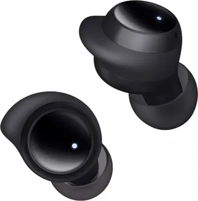 Two black wireless earbuds are shown against a white background.