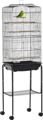Produktbild von PawHut Vogelkäfig mit Rädern, 46,5 x 36 x 157 cm, Metall-Vogelkäfig mit Türen, 4 Futterspender, 3 Sitzstangen, abnehmbares Tablett und Ablagefach für Kanariensittiche, Schwarz