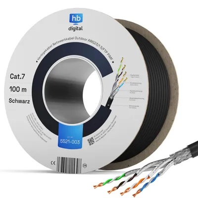 Produktbild von hb-digital 100m Netzwerkkabel CAT 7 Outdoor LAN max. 1000 MHz S/FTP PE AWG23 PoE++ kompatibel