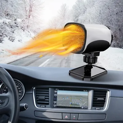 A portable car heater is shown on a car dashboard, emitting heat, with a snowy road visible through the windshield.