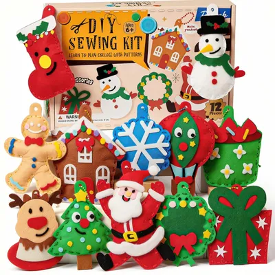 Image de Kit de couture en feutre pour Noël, pour enfants de 4 à 8 ans, comprenant 12 pièces. Kit de loisirs créatifs pour enfants