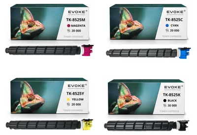 Obrázok produktu pre Kompatibilné tonerové kazety Evoke pre tlačiarne Kyocera TK-8525 TK8525, 4 ks (CMYK: čierna, azúrová, purpurová, žltá), výtlačnosť 90000 strán, vhodné pre modely TASKalfa 4052ci a 4053ci, Obrázok generovaný UI