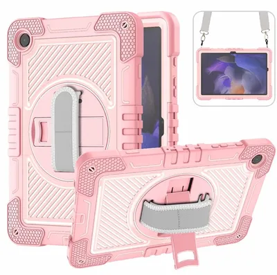 Image de Étui hybride d'extérieur rose à 360 degrés pour Samsung Galaxy Tab A9 Plus, avec dragonne, pouvant être posé à plat
