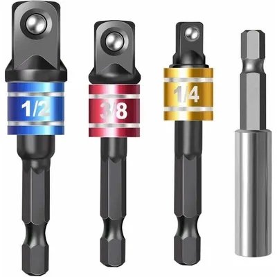 Produktbild von Schlagschrauber-Stecknuss-Adapter-Set mit magnetischem Bithalter für 1/4-Sechskantschaft auf Vierkant-Stecknuss. Verwandeln Sie die Bohrmaschine in einen Steckschlüssel, 4-teilig
