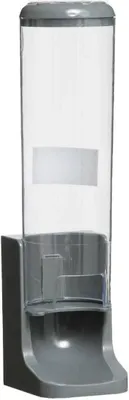 A clear studio shot of a clear and gray cotton pad dispenser.