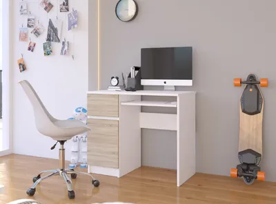 Produktbild von Computerschreibtisch – Schreibtisch – Bürotisch – Büroschreibtisch – PIKSEL – 90 cm – Weiß / Sonoma Eiche – Computertischmit Schublade und Tür links