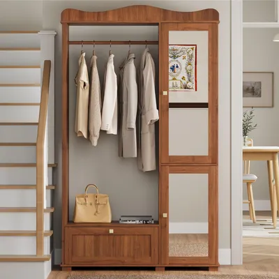 Image de Armoire Abrihome avec miroir, tiroir et 2 portes, armoire avec penderie ouverte, noyer