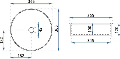 Technical drawings of a sink with dimensions indicated.