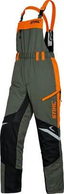 A pair of Stihl work pants with suspenders.