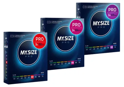 Immagine prodotto di MY.SIZE Preservativi PRO da 5, 6, 7-60, 64, 69 mm, 3 x 3, misura perfetta e dimensioni adatte a tutti
