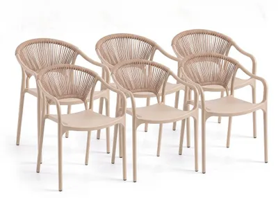 Produktbild von 6er-Set stapelbare Stühle aus Polypropylen mit Rückenlehne aus geflochtenem Seil und Armlehnen, für Garten, Terrasse, Bars und Restaurants – Jennifer Karamell
