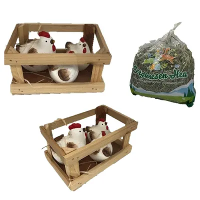 Produktbild von Osterdekoration 2025 Holzkiste mit Stroh und Hühner Familie Natur, großer Beutel für Osternest
