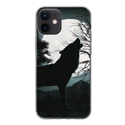 Produktbild von MuchoWow® Handyhülle Schutzhülle Hülle für iPhone 12 Wolf - Scherenschnitt - Mond Silikon Softcase Handy Hülle - Schutzhülle