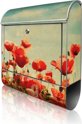 Produktbild von banjado Design Briefkasten Stahl silber mit Zeitungsfach pulverbeschichtet "Oktobermohn" 38x46x12,5cm & 2 Schlüssel - Postkasten A4 Einwurf inkl. Montagematerial [BK 10753]