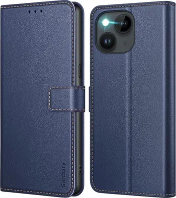 Produktbild von iPhone 14 / 13 Hülle Leder Blau mit Kartenschlitzen & Standfunktion