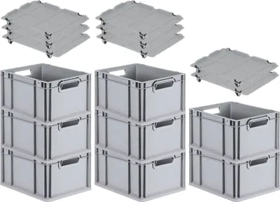 Produktbild von SuperSparSet 8x Eurobox NextGen Economy mit Auflagedeckel und 4x Schiebeschnappverschlüsse Schwarz | Griffe offen | HxBxT 22x30x40cm | 20 Liter | Eurobehälter, Transportbox, Transportbehälter, Stapelbehälter