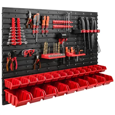 Obrázok produktu pre Nástenná polica 115 x 78 cm Držiak na náradie Držiak na vybavenie 23 stohovacích boxov Plastová červená