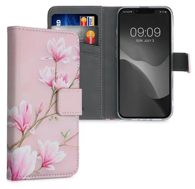Produktbild von kwmobile Wallet Case kompatibel mit Apple iPhone 13 mini Hülle - Cover mit Ständer und Kartenfächern - Magnolien Rosa Weiß Altrosa