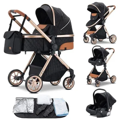 Produktbild von Hochwertiger, vielseitiger Kinderwagen (3-in-1), Kombi-Kinderwagen für Babys – mit Autositz, Wiege und großem Korb – in Schwarz