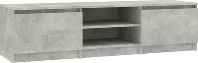 A concrete gray TV stand with two cabinets and two open shelves.