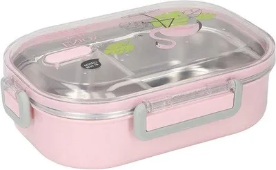 Productafbeelding van Isolerende thermoslunchbox met compartiment en siliconen afdichting - transparant, roze, met vogelmotief - ideaal voor schoollunchboxen.