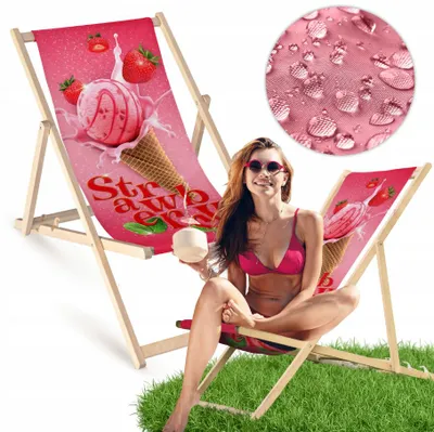 Obrázek produktu pro Dřevěné lehátko „Strawberry“ s potiskem, skládací, do zahrady, na pláž, na balkon