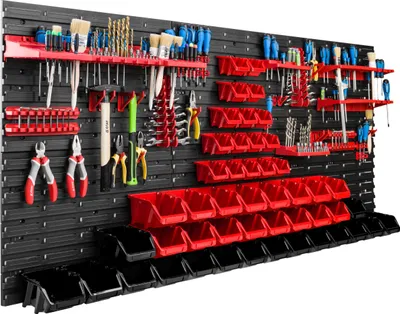 Obrázek produktu pro Skladovací systém Dílenské regály | 172 x 78 cm | 48 ks. Box | Nástěnný regál s držáky na nářadí a stohovatelnými boxy - Nástěnné desky Extra silné regály s přihrádkami Nástěnná deska s otvory pro nářadí Skladovací regál Garážový regál
