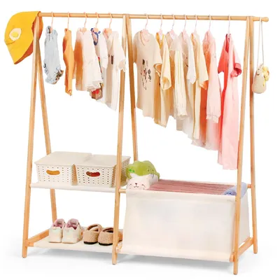 Image de Omgoods - Étagère à vêtements en bambou avec 2 étagères - Organisateur pour vêtements d'enfants