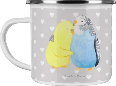 Produktbild von Mr. & Mrs. Panda Emaille Tasse Wellensittich Liebe - Grau Pastell - Geschenk, Vögel, Freundin, Teetasse, Verknallt, Pott, Umarmung, Kuscheln, Motivtasse, Becher, Haferl