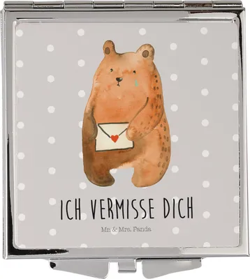 Produktbild von Mr. & Mrs. Panda Taschenspiegel Bär Vermissen - Grau Pastell - Geschenk, Reise, Kleiner Spiegel, Unglücklich Verliebt, Freundin, klappbar, Klappbarer, Schminkspiegel