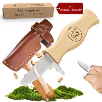 Produktbild von Eli® Schnitzmesser Kinder ab 6 Jahre mit Klingenschutz aus Leder  - Kindermesser - Schnitzset - Kinderschnitzmesser - Schnitzwerkzeug