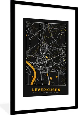 Produktbild von MuchoWow® Gerahmtes Poster Leverkusen - Gold - Stadtplan - Deutschland - Karte 60x90 cm - Poster mit Schwarzem Bilderrahmen Wandposter Rahmen Foto Bilder - Dekoration - Wandposter Wohnzimmer - Hochwertig