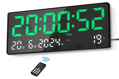Digitale LED-Wanduhr 15,5 Zoll, grüne Anzeige, Fernbedienung, 2 Wecker