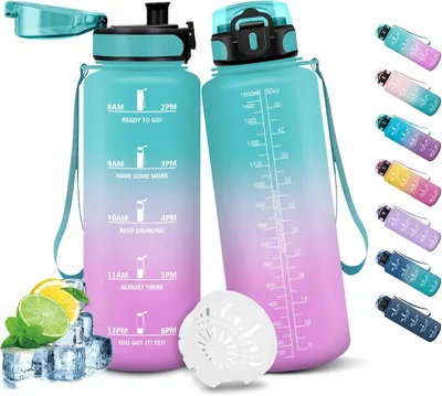 Produktbild von Motivational Water Bottle 1,5L, Auslaufsicher, mit Strohhalm, für Schule, Fitness, Camping, Radfahren