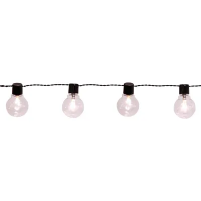 A string of four clear LED bulbs with black bases, suspended from a black wire against a white background.
