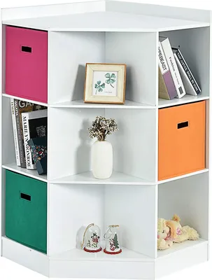 Immagine prodotto di COSTWAY Scaffale per bambini a 3 livelli con 6 ripiani aperti e 3 cestini colorati, moderno scaffale angolare per riporre oggetti, armadietto con 9 scomparti, armadietto laterale per la camera dei bambini, soggiorno (bianco)
