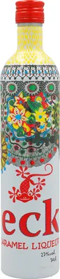 A bottle of caramel liqueur with colorful decorative patterns and a red gecko illustration.