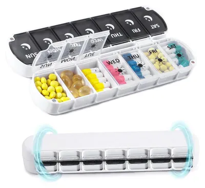 Image de Boîte à comprimés pour 7 jours, avec compartiments pour le matin et le soir, boîte à médicaments pour les déplacements, sans BPA, noir et blanc