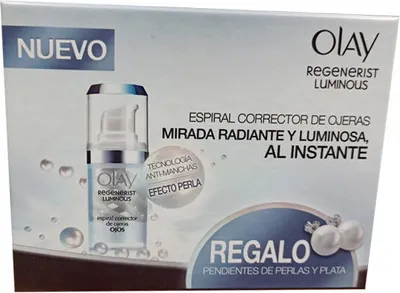 The image shows the packaging of an Olay Regenerist Luminous eye cream, which includes a gift of pearl and silver earrings.