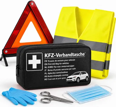 Produktbild von 3 in 1- Set KFZ Pannenset & Autozubehör - Auto Erste Hilfe Set mit Verbandskasten Warnweste für StVO 2024 & 2022, KI-generiertes Bild