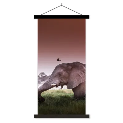 Produktbild von MuchoWow® Textilposter Elefant - Gras - Sonne - Tiere 90x180 cm mit schwarzem Rahmen - Dekoration Wohnzimmer
