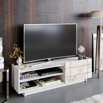 Image de Skye Decor, support TV de haute qualité, 140 x 41,4 x 37,1 cm | Fabriqué en panneaux de particules mélaminés de 18 mm d'épaisseur | Fixation murale possible, nombreux étagères, design moderne en blanc.