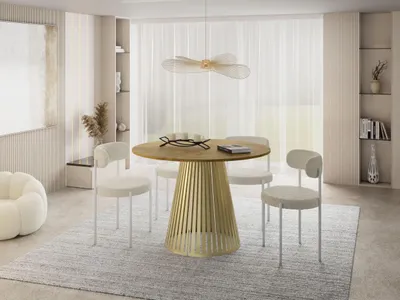 Produktbild von Esstisch Rund Ausziehbar mit Lamellen im Loft-Stil – 100 bis 180 cm – Industrieller Tisch mit Goldenen Metallbeinen, Platzsparend für Wohnzimmer oder Esszimmer – Braun