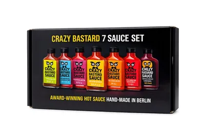 Produktbild von Crazy Bastards 7 Saucen Geschenkset - 7 superscharfe Saucen in Geschenkbox 7x100ml