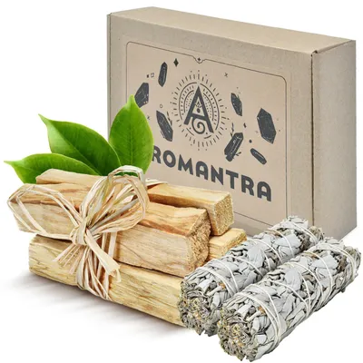 Produktbild von Aromantra - Palo Santo 50g & Weißer Salbei 2x25g Set - Räucherwerk Geschenkset mit Geschenkkarton - Aromatherapie, Meditation - Ätherische Öle
