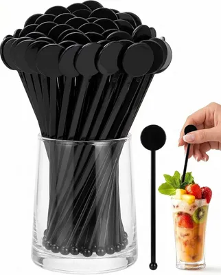 Obrázok produktu pre Špágy na koktaily – 80 kusov – 18 cm – Čierne, opakovane použiteľné plastové špágy na miešanie nápojov – vhodné na kávu a mlieko. Ideálne do baru, na oslavy a do domácnosti