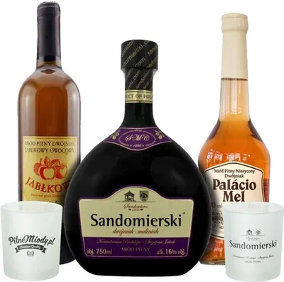 Produktbild von Set mit 3 Dwójniak-Halber Mets mit 2 Bechern|2x Himbeere: Sandomierski, Palacio Mel, 1x Apfel: Jab³kowy| | 2000ml | 16% Alkohol Metwein | Polnische Produktion