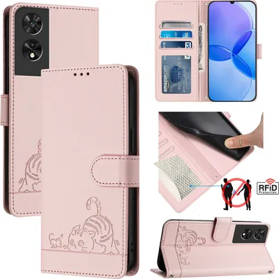 Produktbild von Leder Hülle für TCL 505 Süße Katze Flip Case Brieftasche Schutzhülle mit Standfunktion Pink