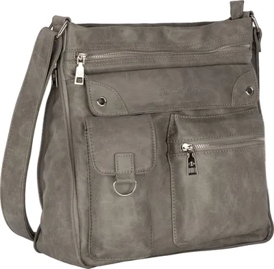 A grey shoulder bag with multiple pockets and zippers.