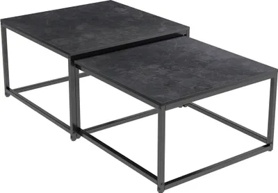 A set of two nesting coffee tables with black metal frames and dark gray stone-look tabletops, presented against a white background.